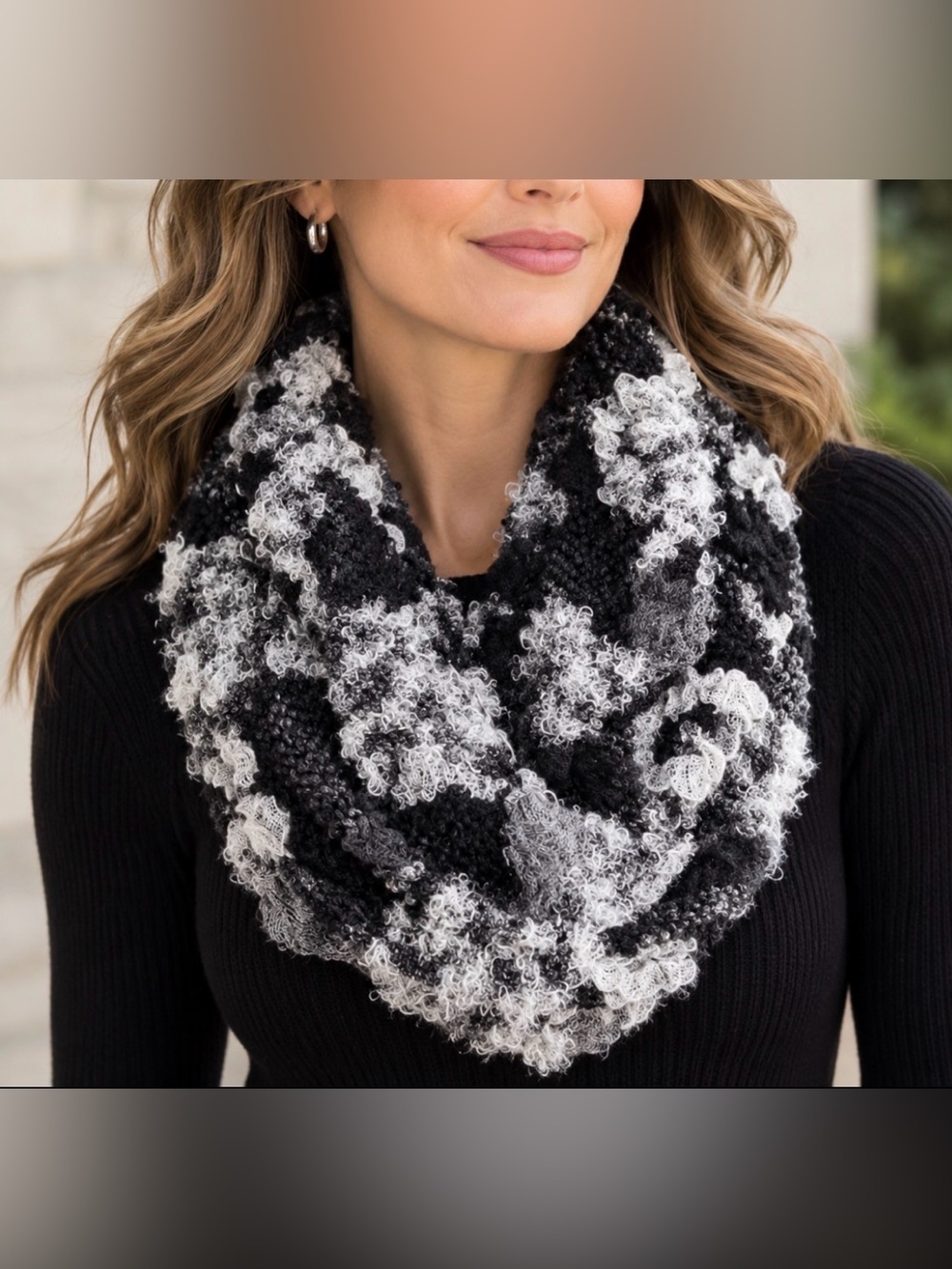 Textured Monochrome Bouclé Mixed Media Infinity Scarf Cowl Boho